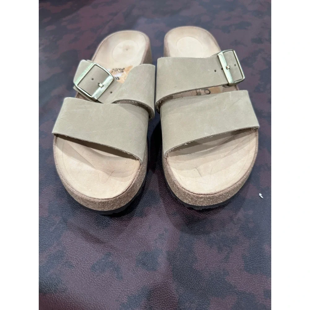Papillio by Birkenstock Tan Nubuck Platform Slide Sandals Gold Buckle Size 39
